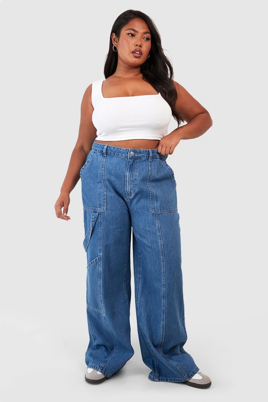 Jeans Cargo Plus Size a gamba ampia, Mid wash image number 1