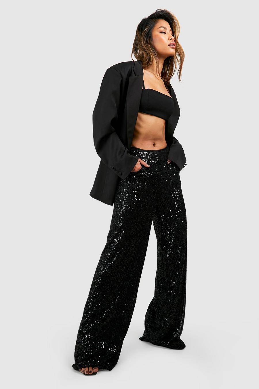 Black Knitted Sequin Wide Leg Trousers image number 1