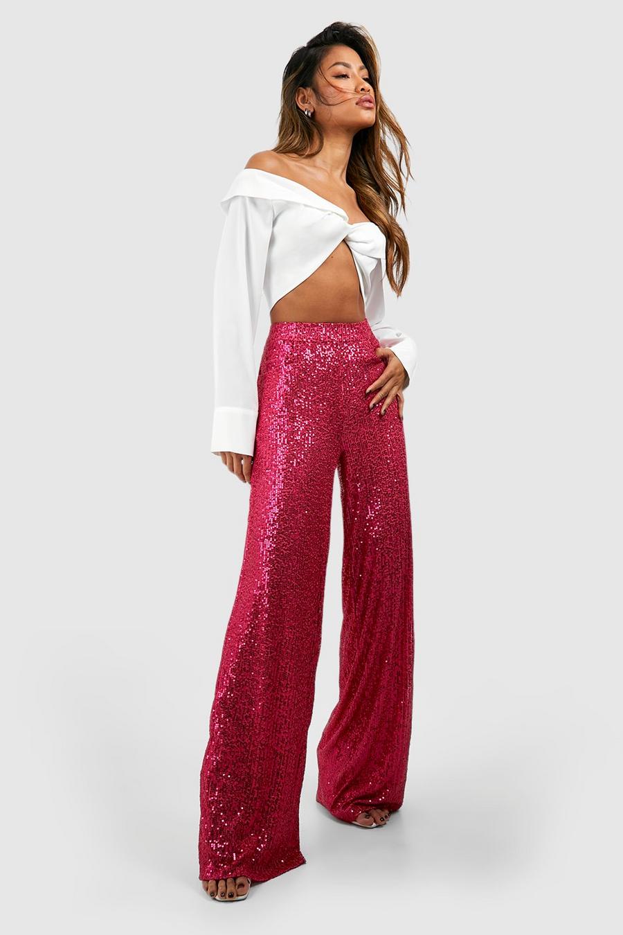 Pink Knitted Sequin Wide Leg Pants image number 1