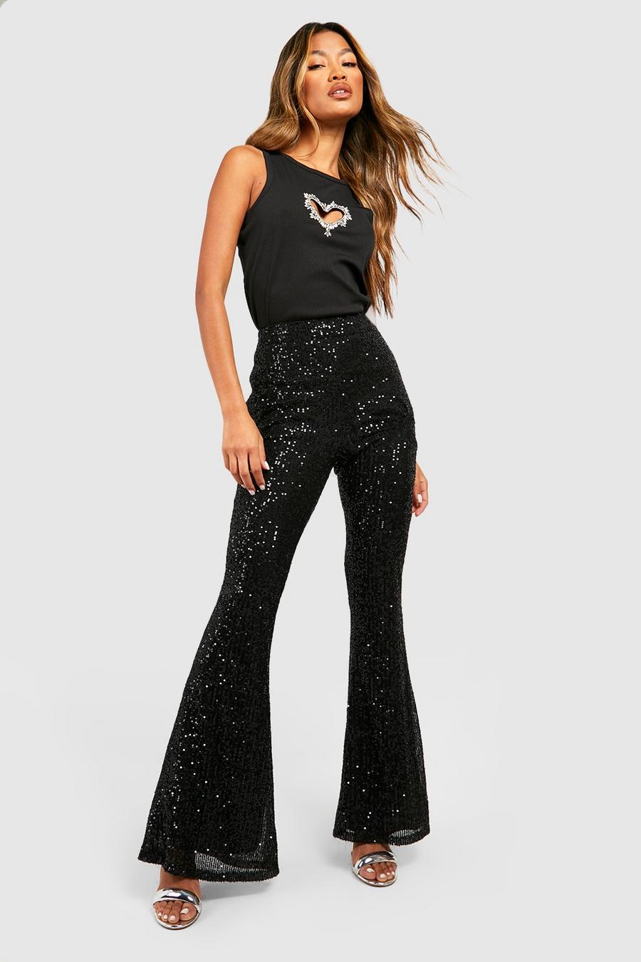 Black Knitted Sequin Flared Pants image number 1