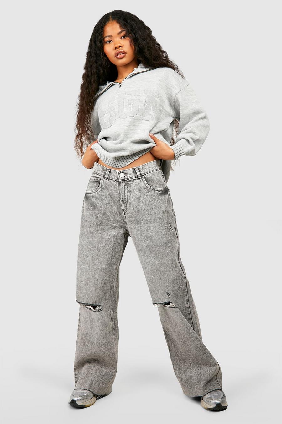 Petite lockere Jeans mit rohem Saum und Riss am Knie, Grey image number 1
