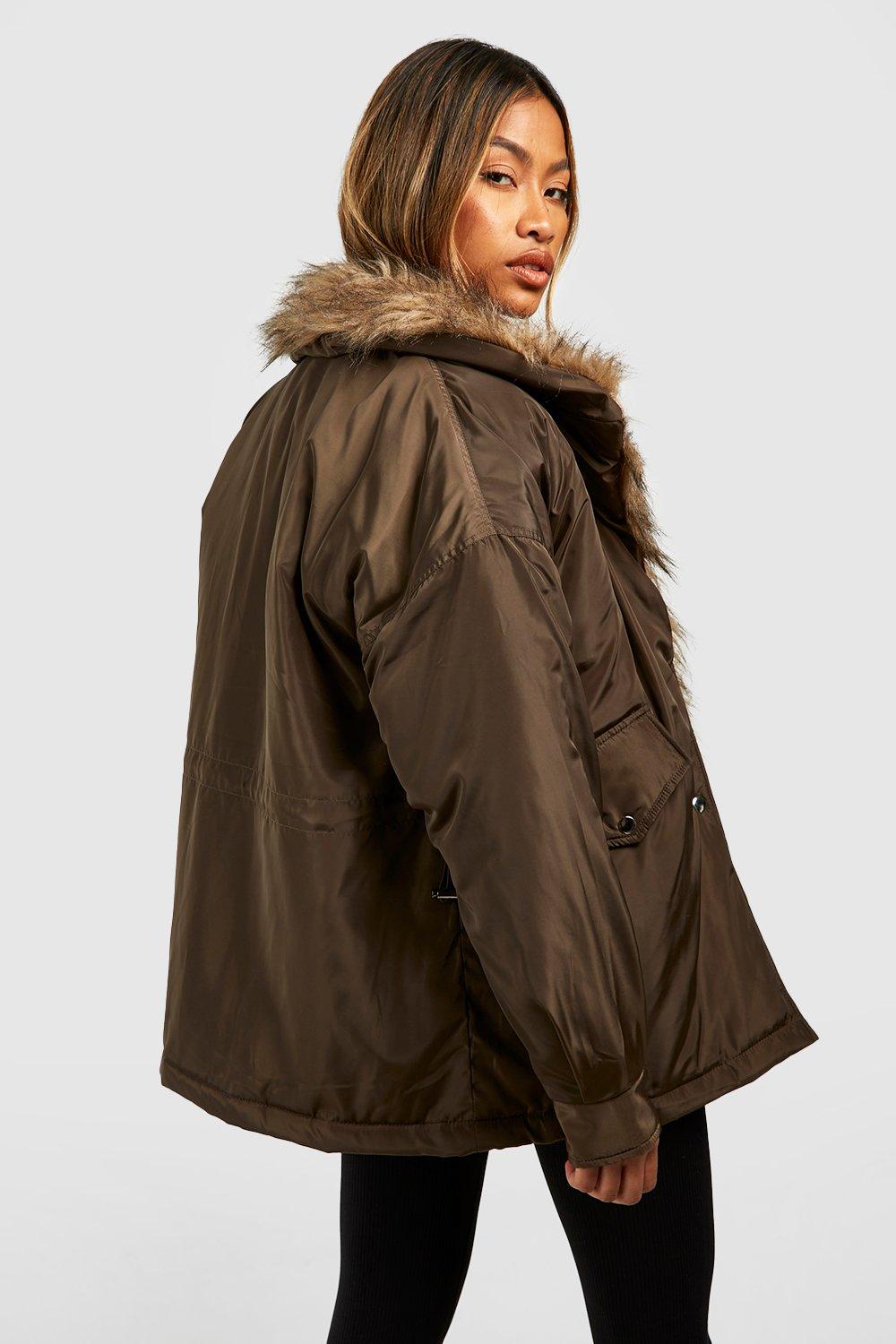 Khaki faux fur hot sale trim hooded parka