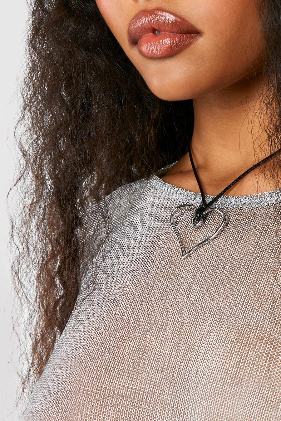 Silver Hammered Heart Rope Necklace 