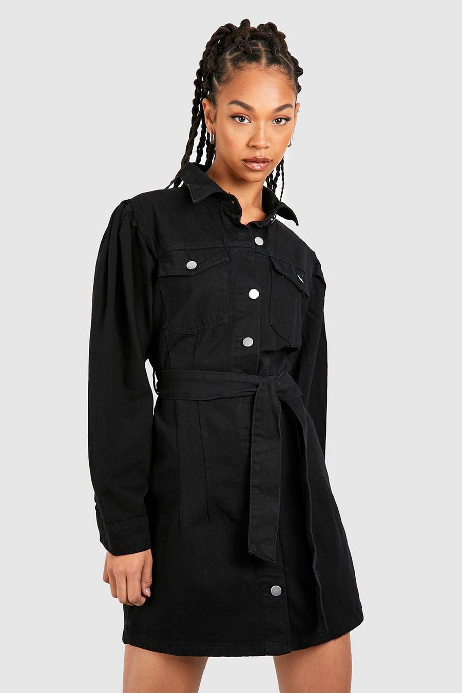Black negro Tall Belted Denim Shirt Mini Dress