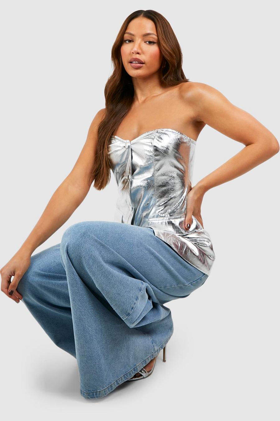 Top smanicato Tall a corsetto a fascia metallizzato, Silver image number 1