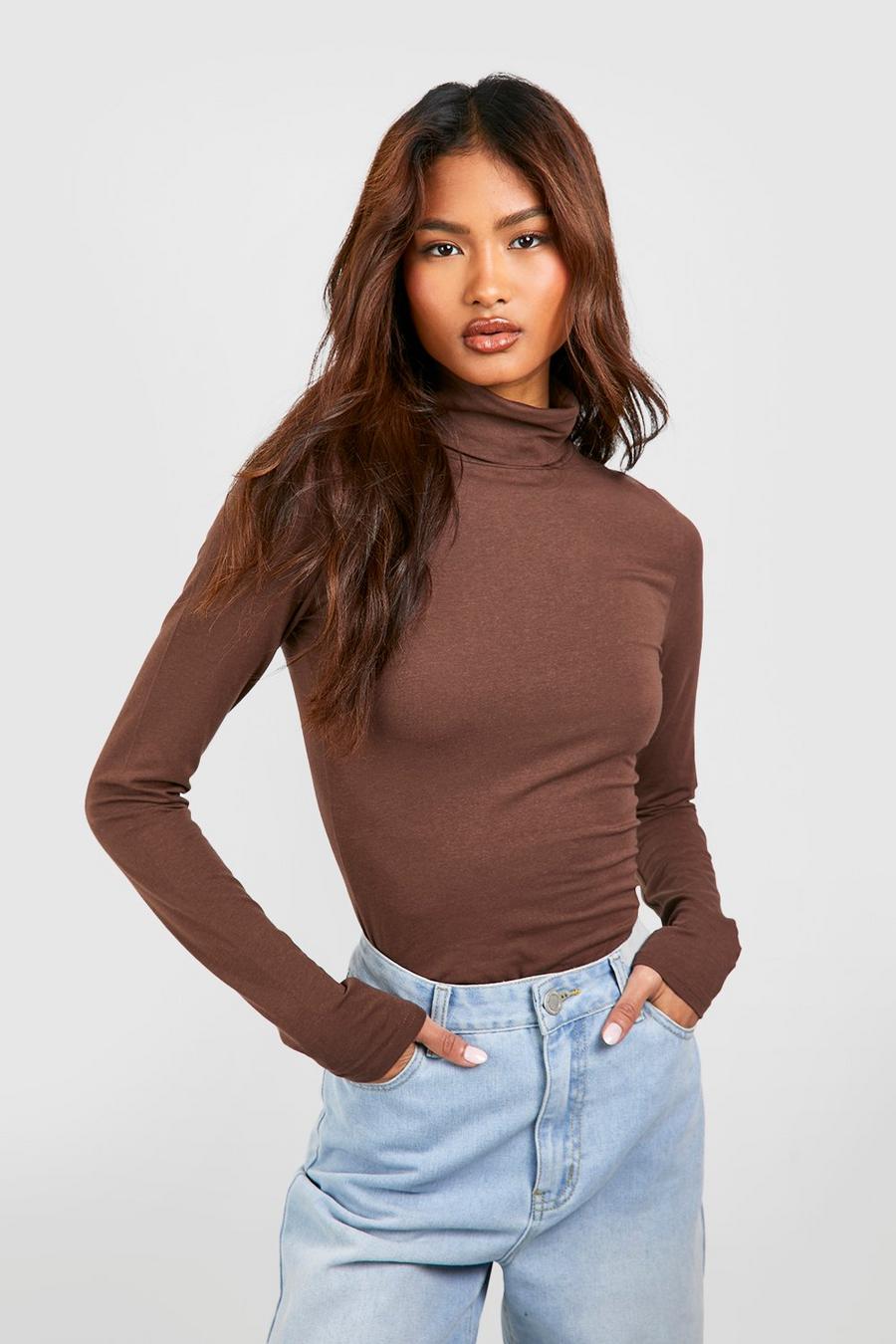 Chocolate Tall Premium Super Soft Roll Neck Long Sleeve Top  image number 1
