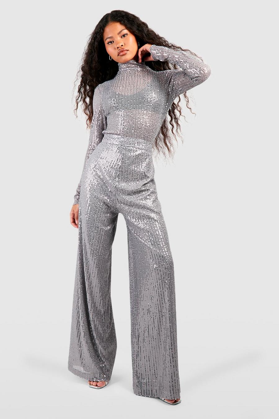 Silver Petite Sequin Wide Leg Trouser  image number 1