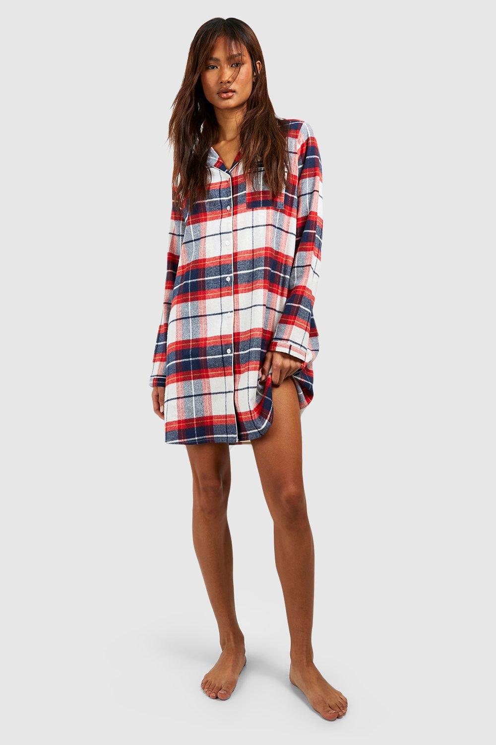 Women s Tall Brushed Check Button Up Night Shirt Boohoo UK