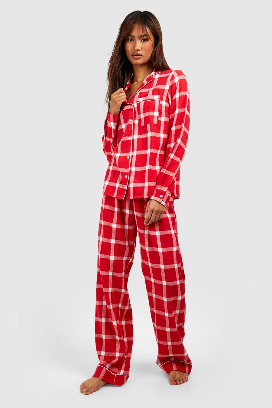 Women's Tall Red Check Gold Brushed Button Up Pyjama Set | Boohoo UK
