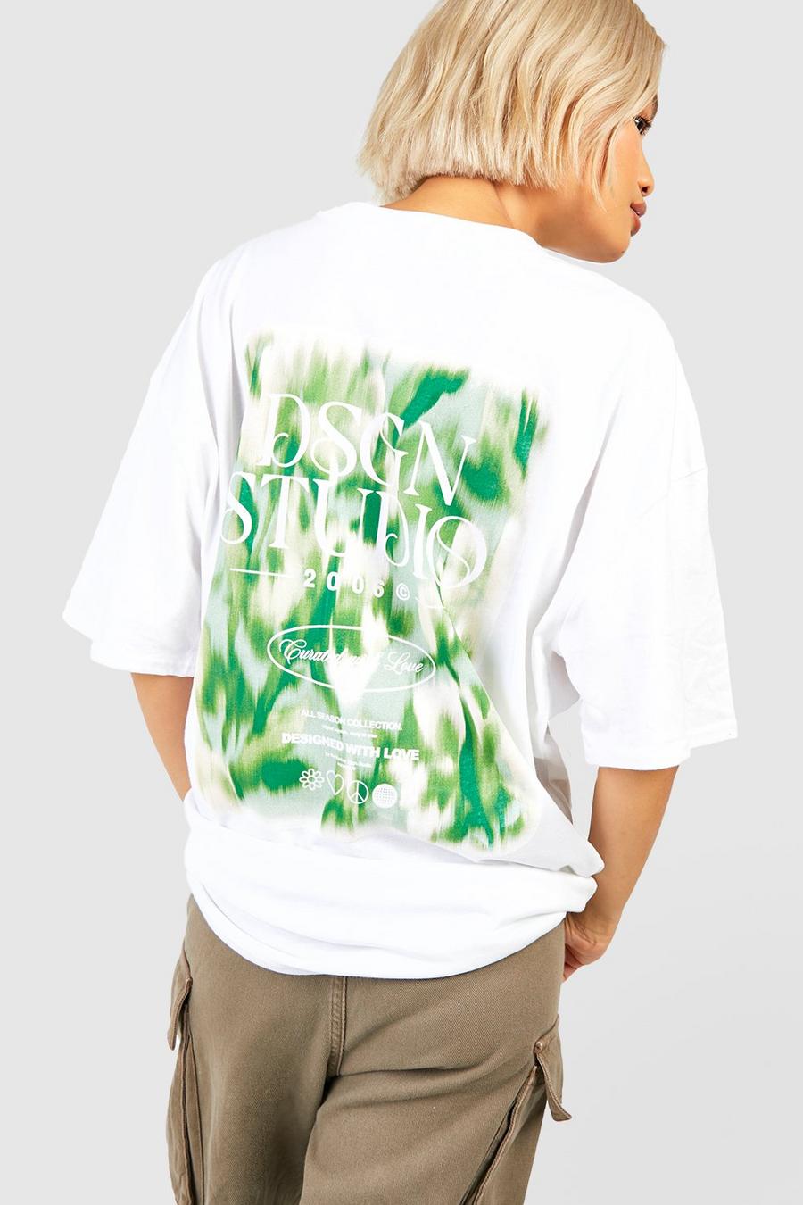 White Oversized Dsgn Studio Blurred Print Extended Neck T-shirt image number 1