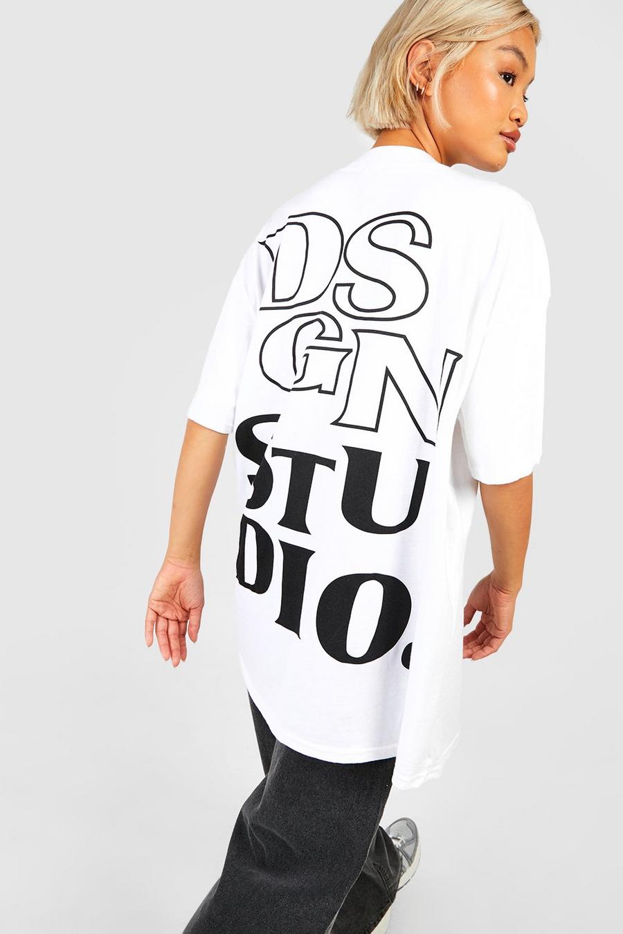 White Oversized Dsgn Studio Back Print Extended Neck T-shirt