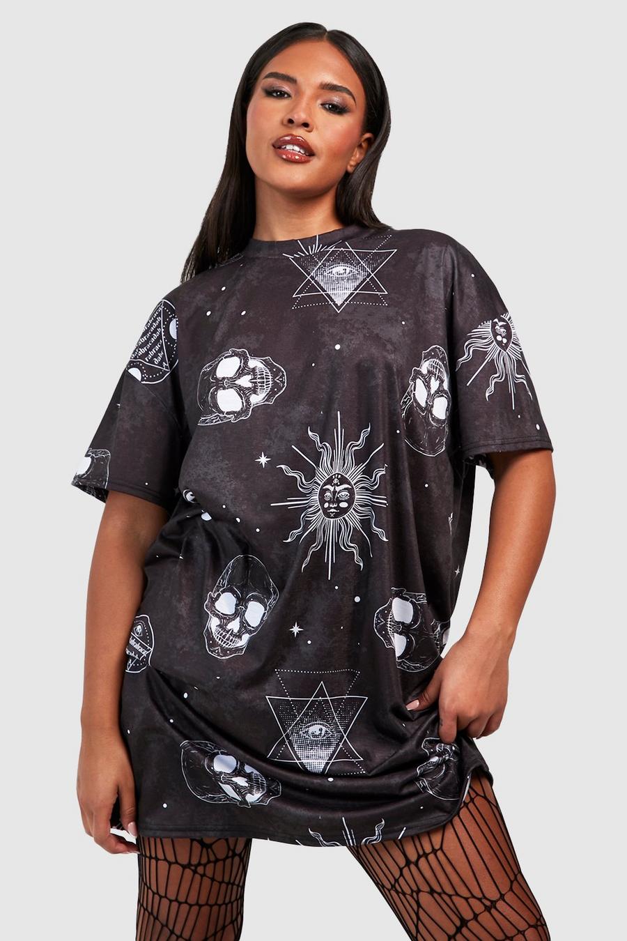 Black noir Plus Halloween Skull Print T-shirt Dress