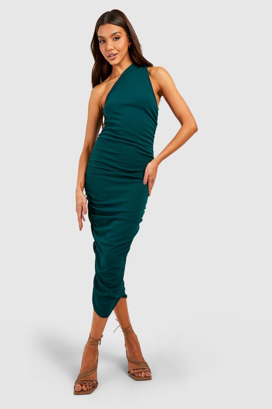 Bottle green Rouched Asymmetric Midaxi Dress image number 1