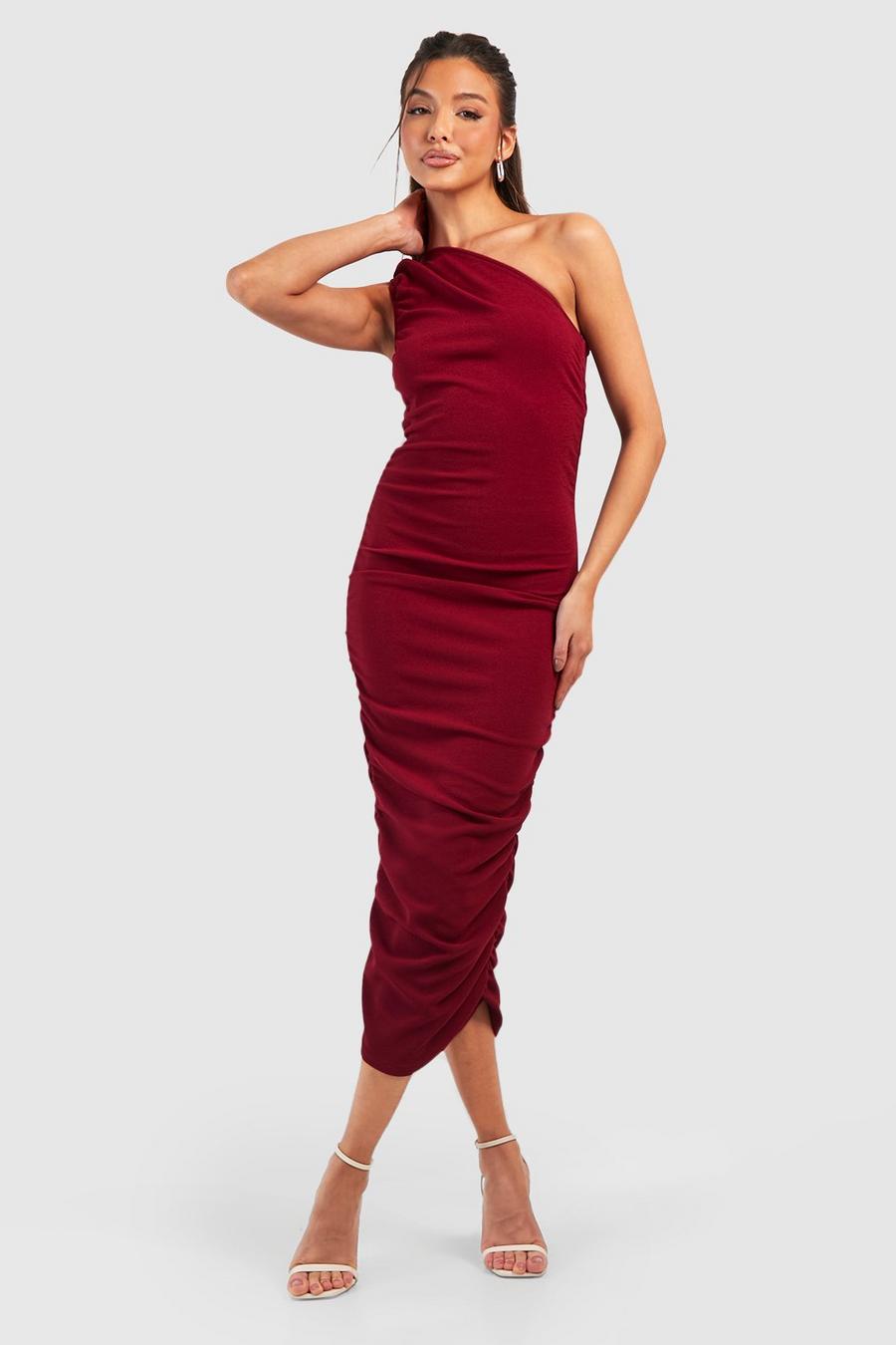 Wine Rouched Asymmetric Midaxi Dress