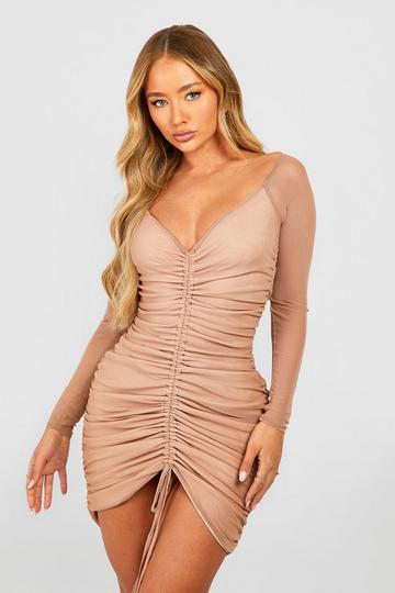 Tan Brown Ruched Mesh Off Shoulder Mini Dress