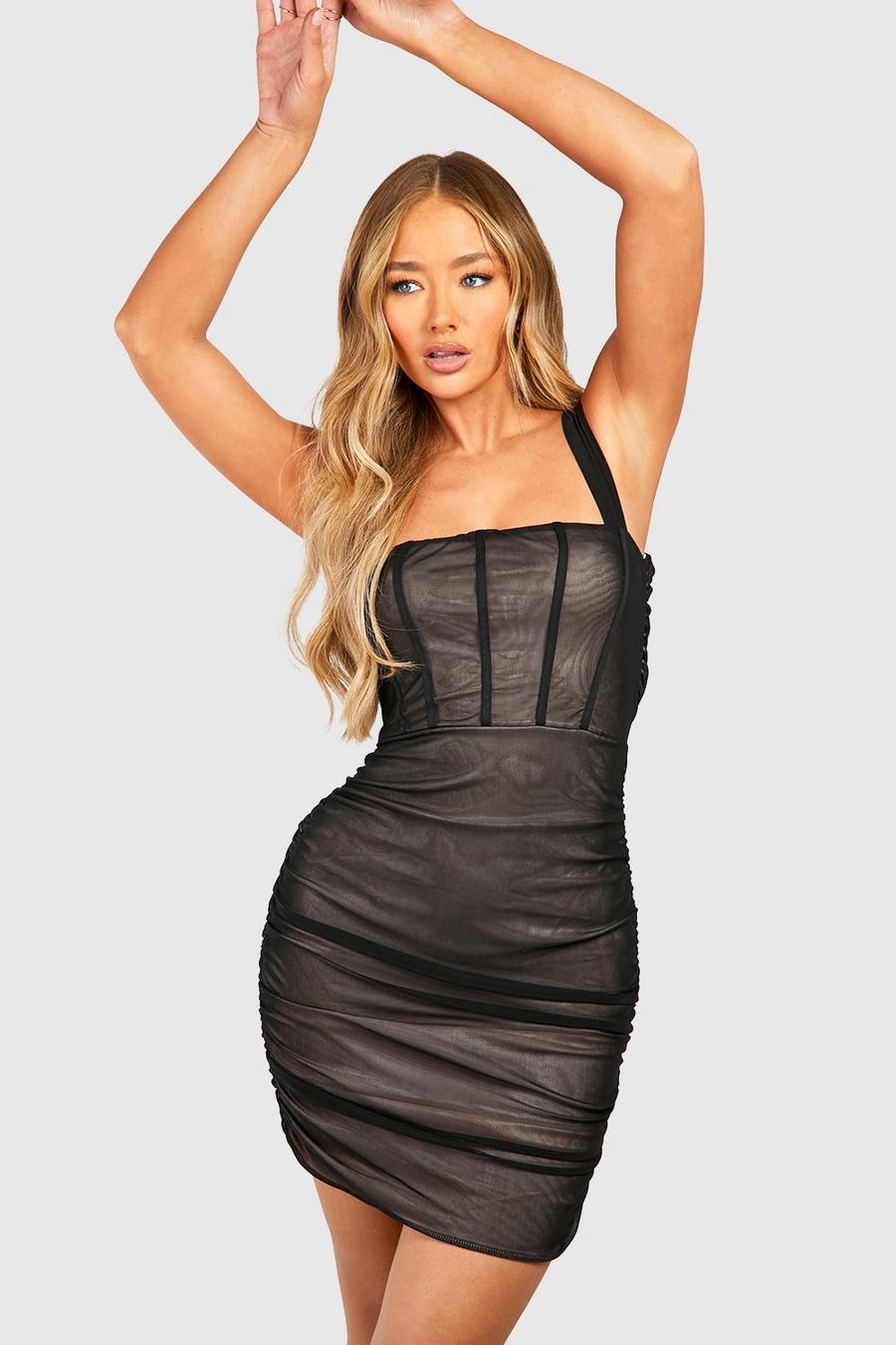Black Contrast Rouched Mesh Corset Mini Dress image number 1