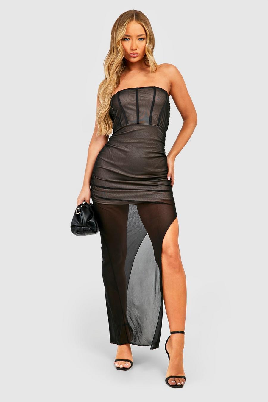 Black Rouched Mesh Corset Maxi Dress image number 1