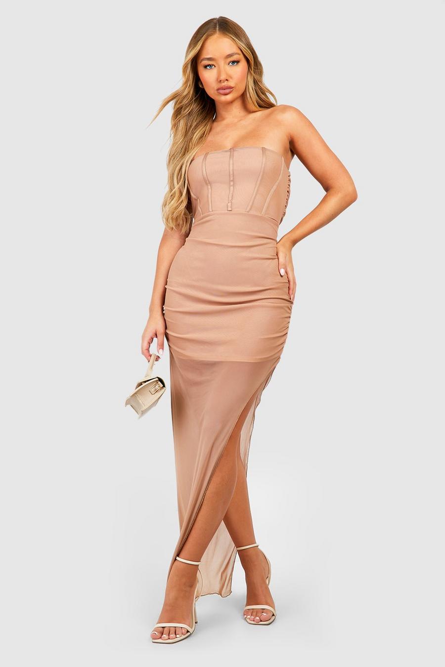 Tan Rouched Mesh Corset Maxi Dress image number 1