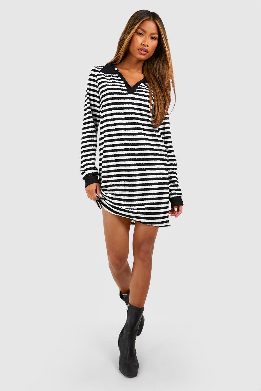 Black Textured Stripe Collared Mini Dress image number 1