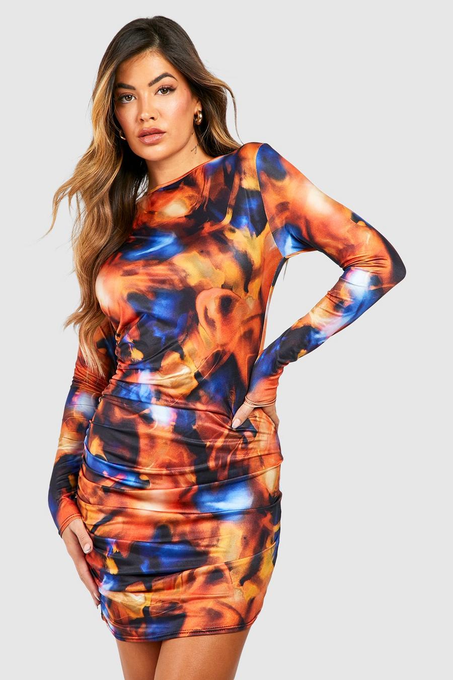 Orange Slinky Abstract Rouched Mini Dress image number 1