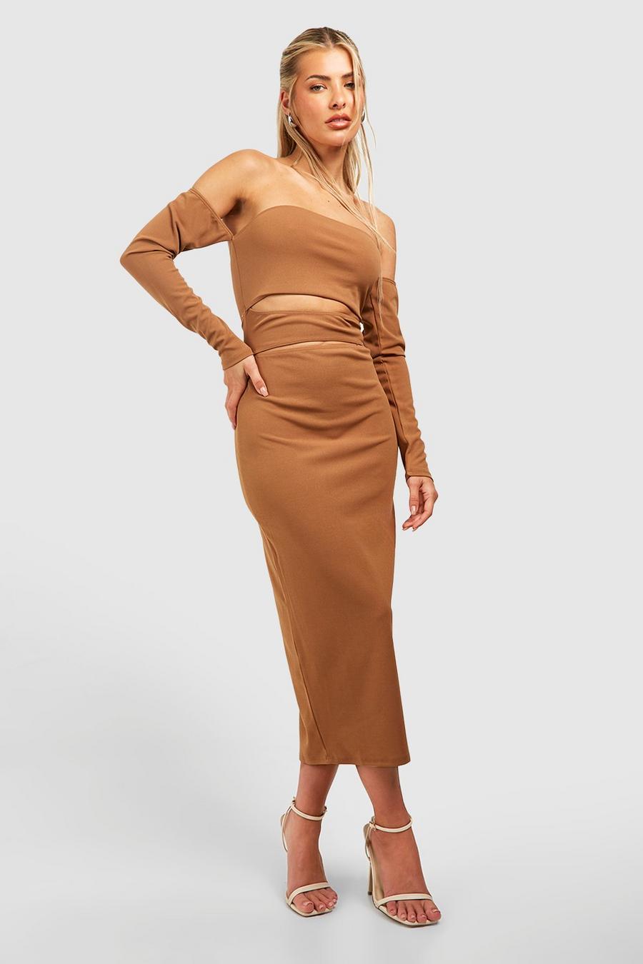 Mocha Cut Out Long Sleeve Midaxi Dress image number 1