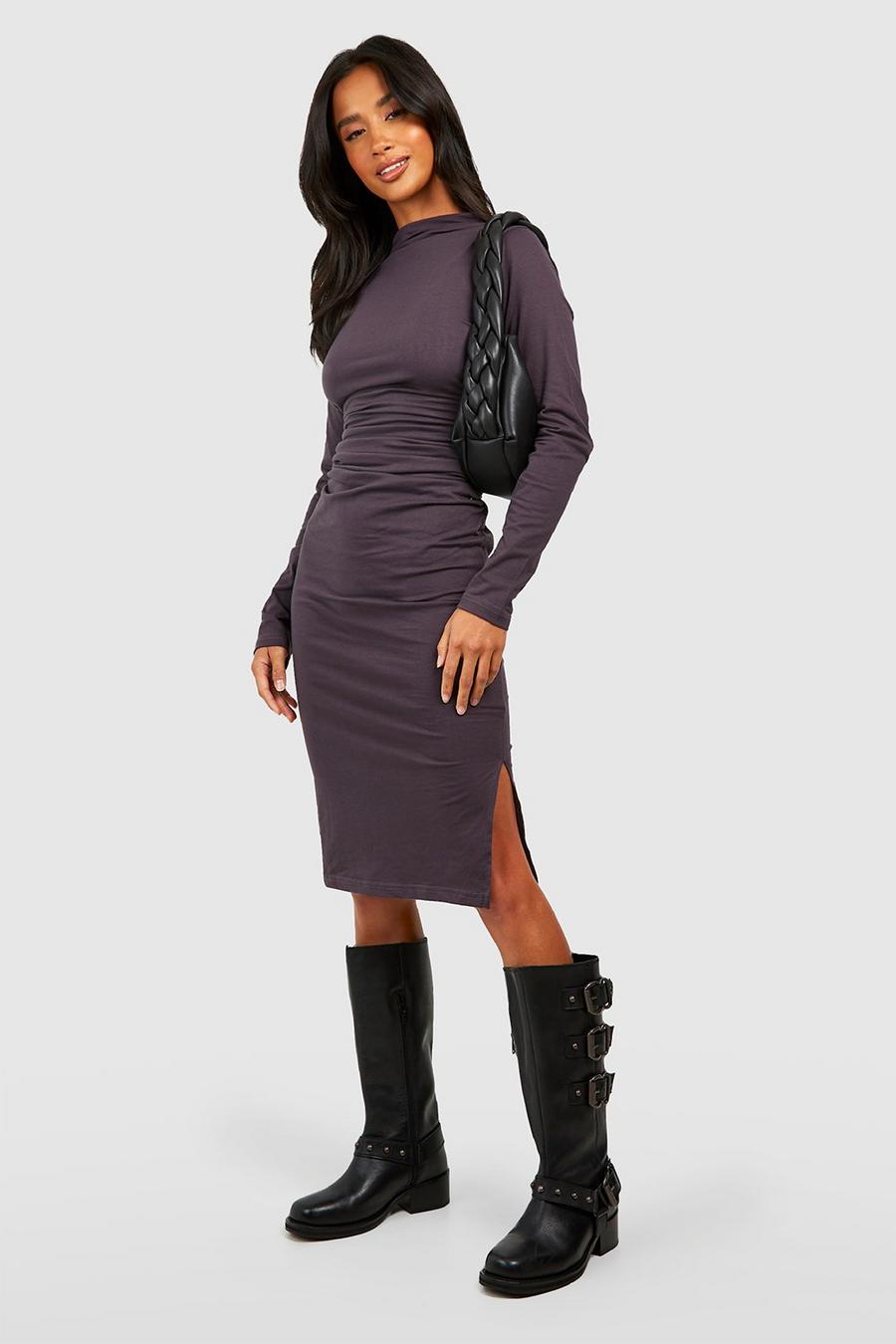 Charcoal grey Petite Cotton Rouched High Neck Midi Dress