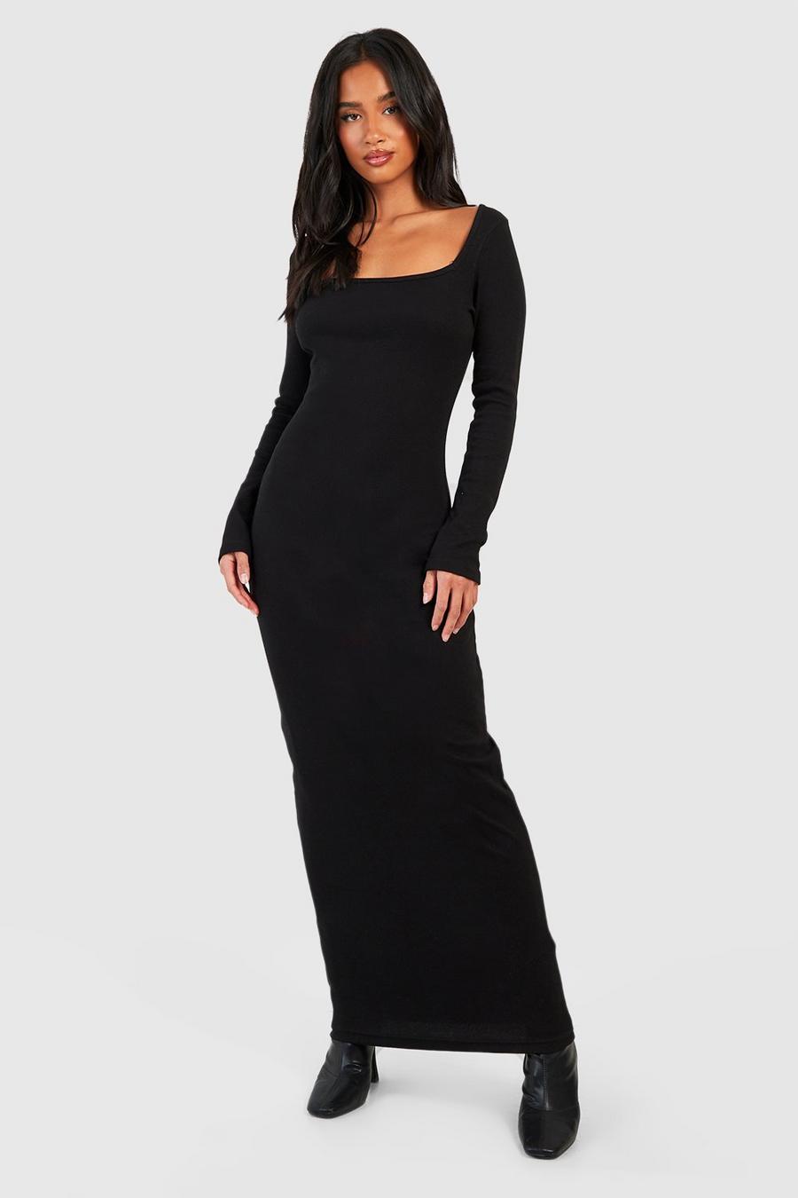 Black Petite Long Sleeve Square Neck Midi Dress