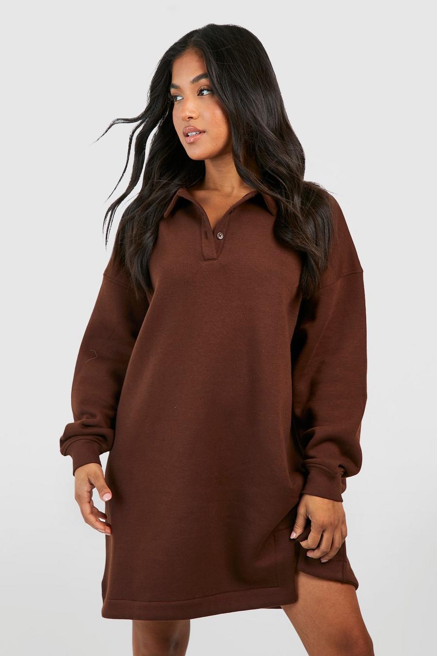 Chocolate Petite Rugby Collar Super Oversized Sweat Dress image number 1
