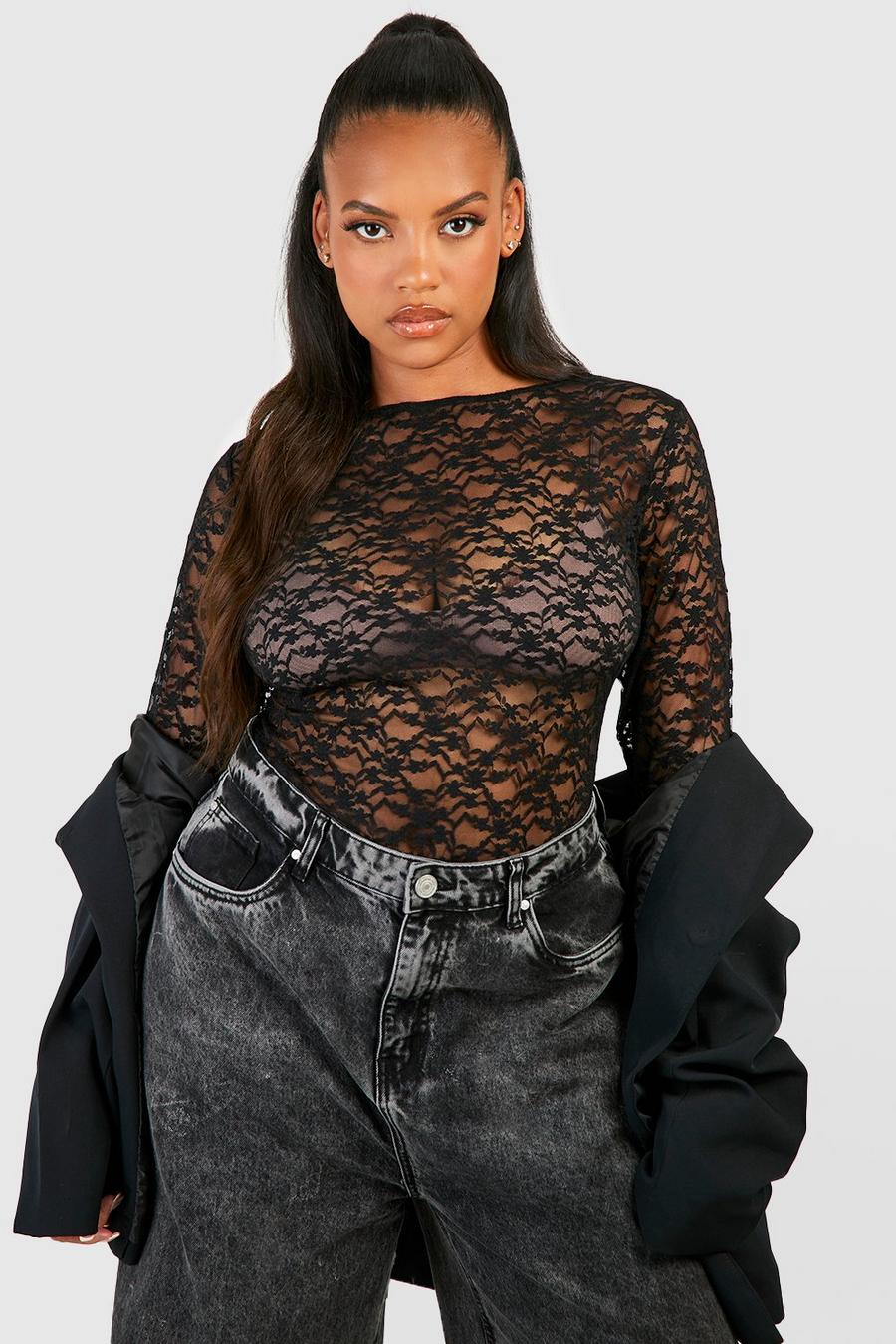 Black Plus Boat Neck Flare Lace Top image number 1