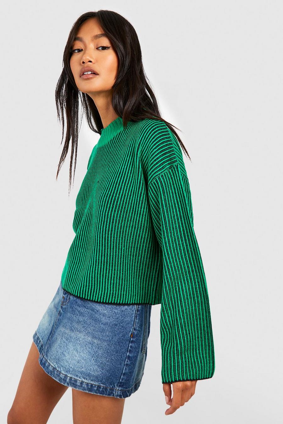 Green Stripe Knit Crop Sweater image number 1