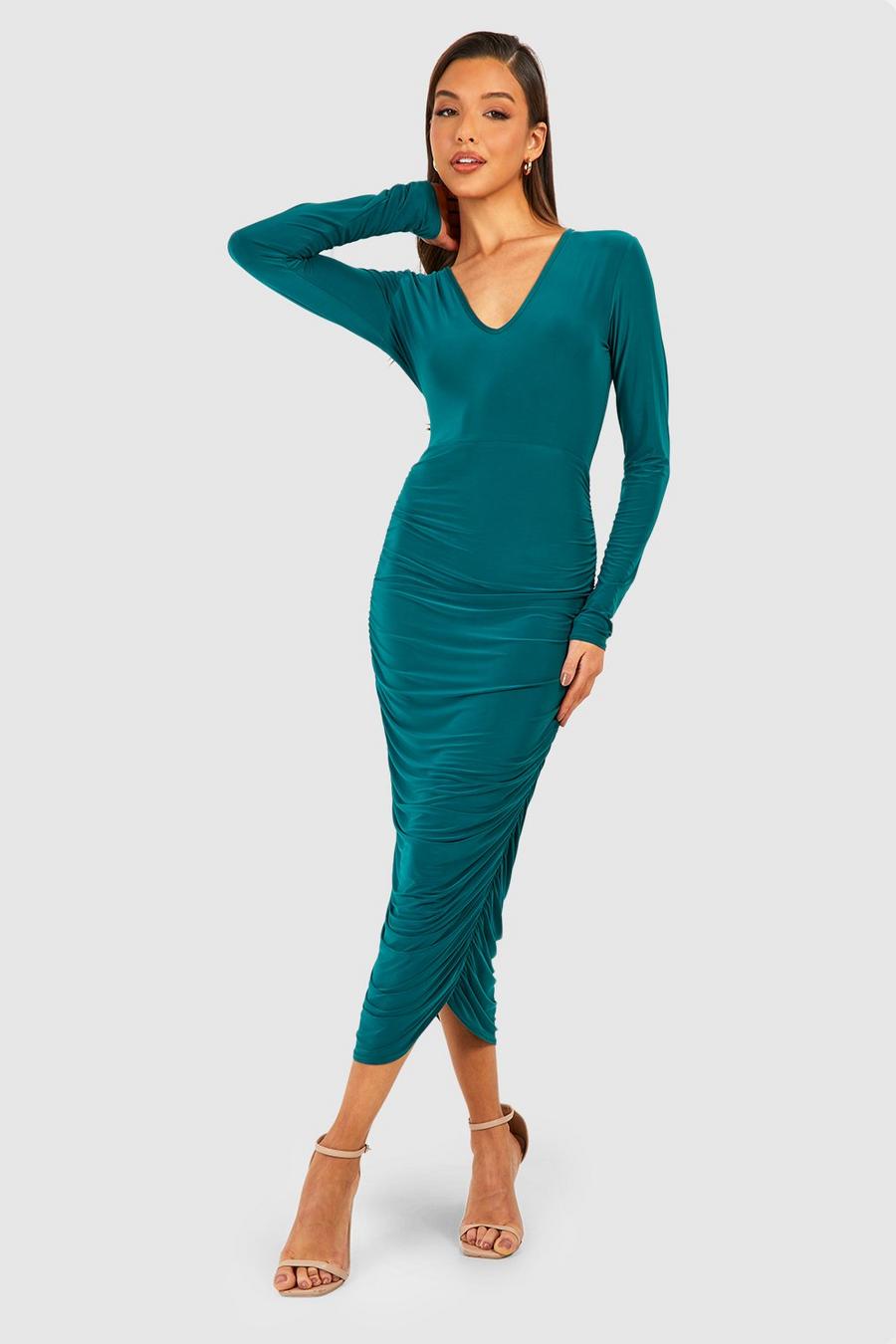 Emerald Slinky Plunge Ruched Midaxi Dress