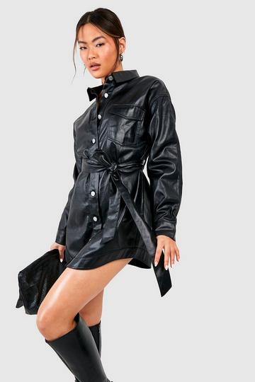 Pu Coated Belted Denim Shirt Dress black