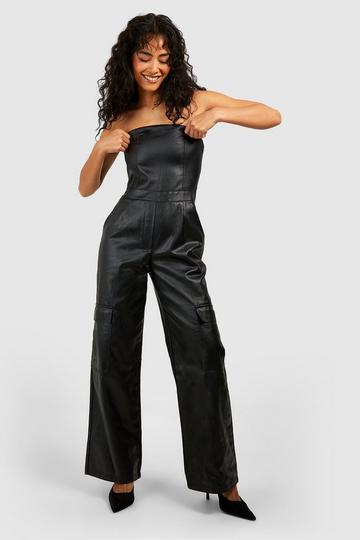 Strapless Denim Jumpsuit Met PU Coating En Cargo Zakken black