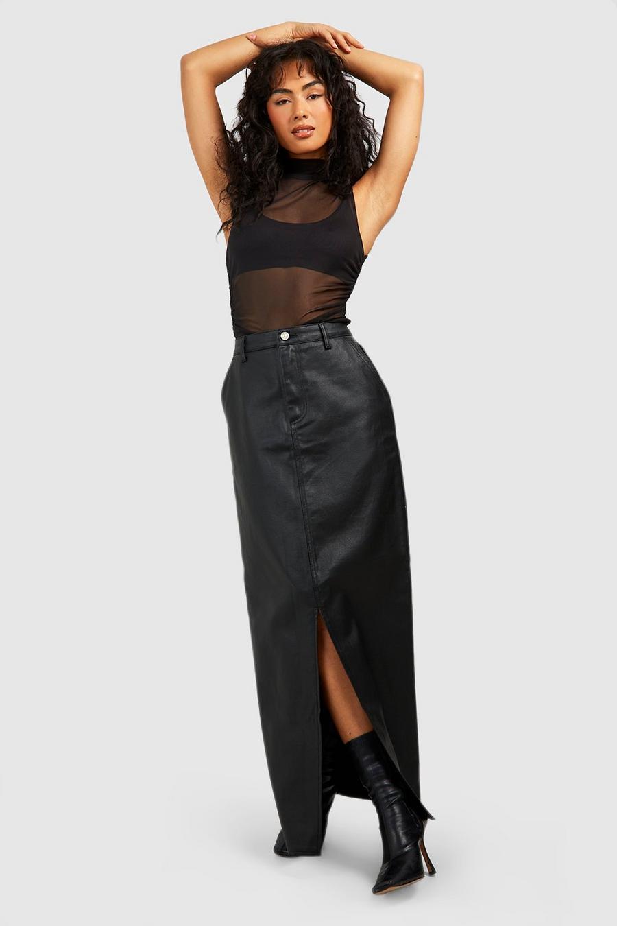Black Pu Coated Split Front Denim Maxi Skirt