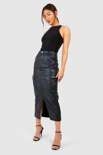 Pu Coated Cargo Pocket Denim Midi Skirt black