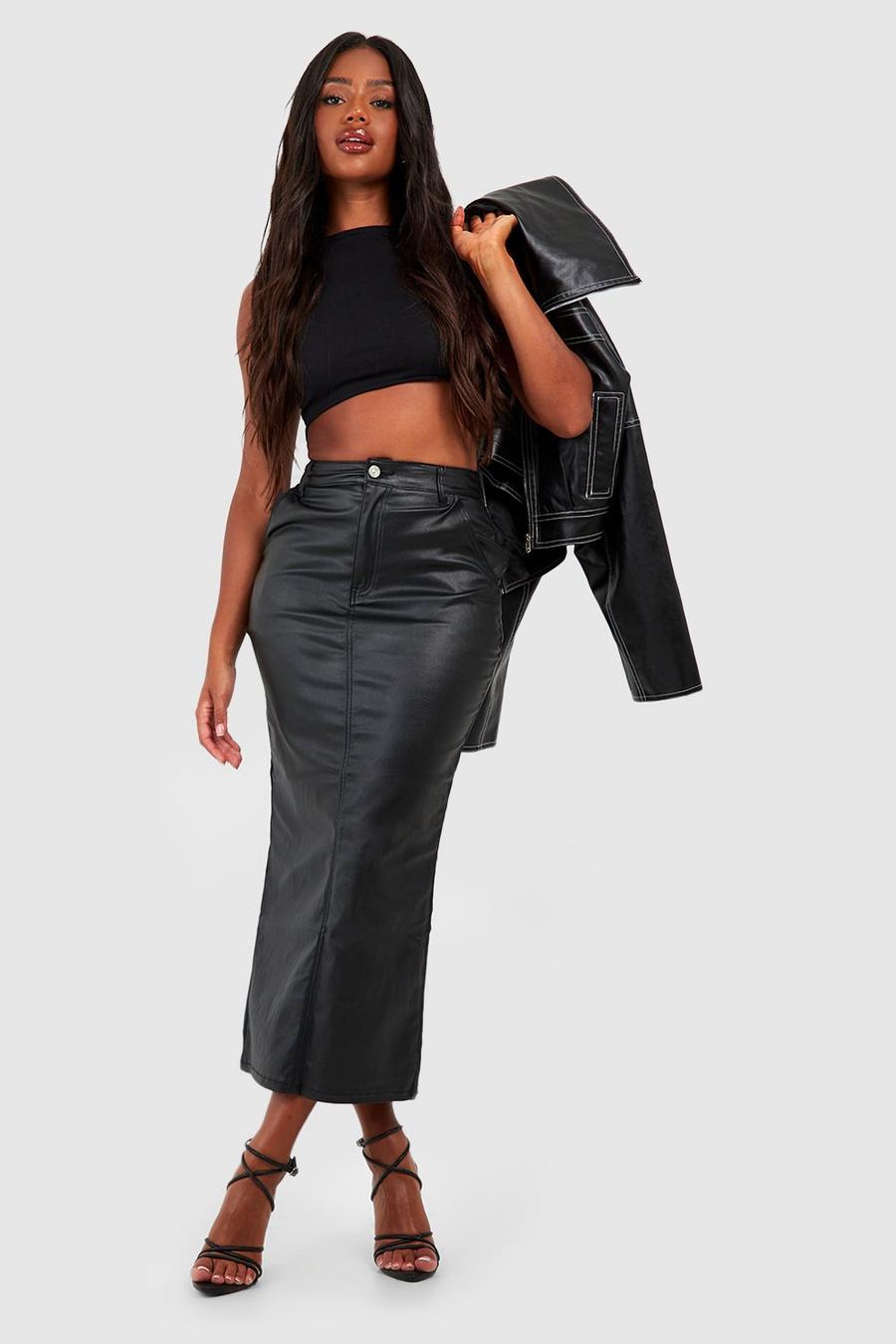 Black Pu Coated Split Back Denim Midi Skirt image number 1
