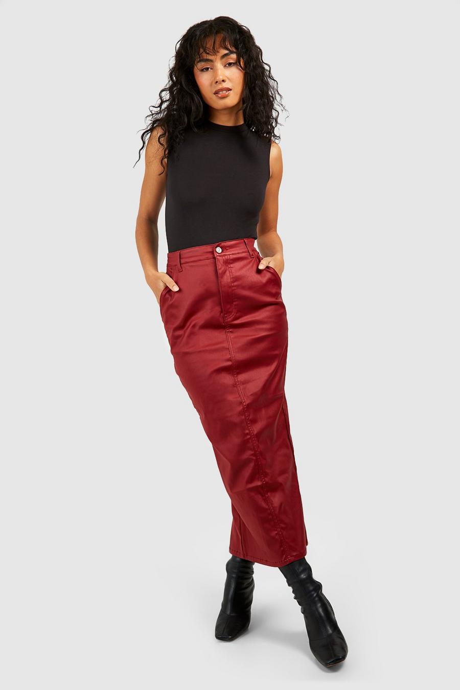 Berry red Pu Coated Split Back Denim Midaxi Skirt