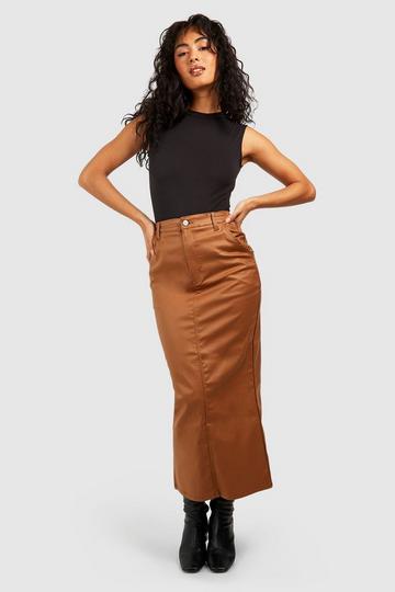 Tan Brown Pu Coated Split Back Denim Midaxi Skirt