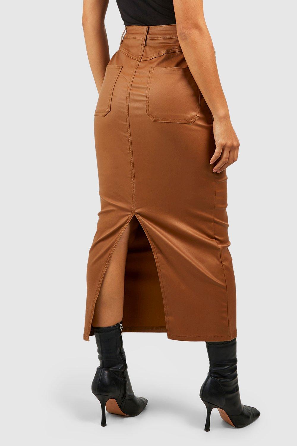 Brown leather skirt outlet boohoo