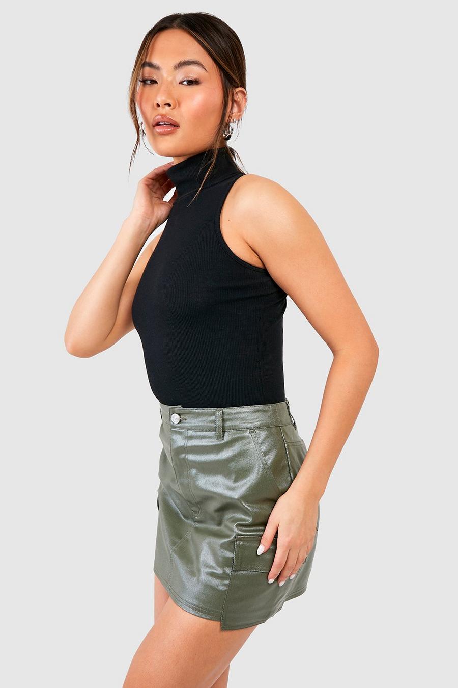 Khaki kaki Pu Coated Cargo Pocket Denim Mini Skirt