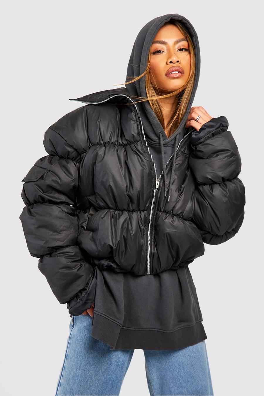 Black Ruched Detail Puffer Jacket