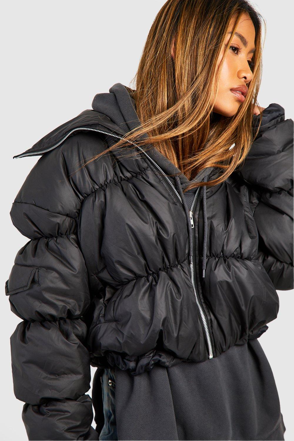 Ruched Hem Quilted Puffer Jacket