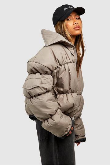 Ruched Detail Puffer Jacket taupe