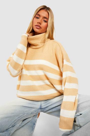 Bright Roll Neck Stripe Jumper biscuit