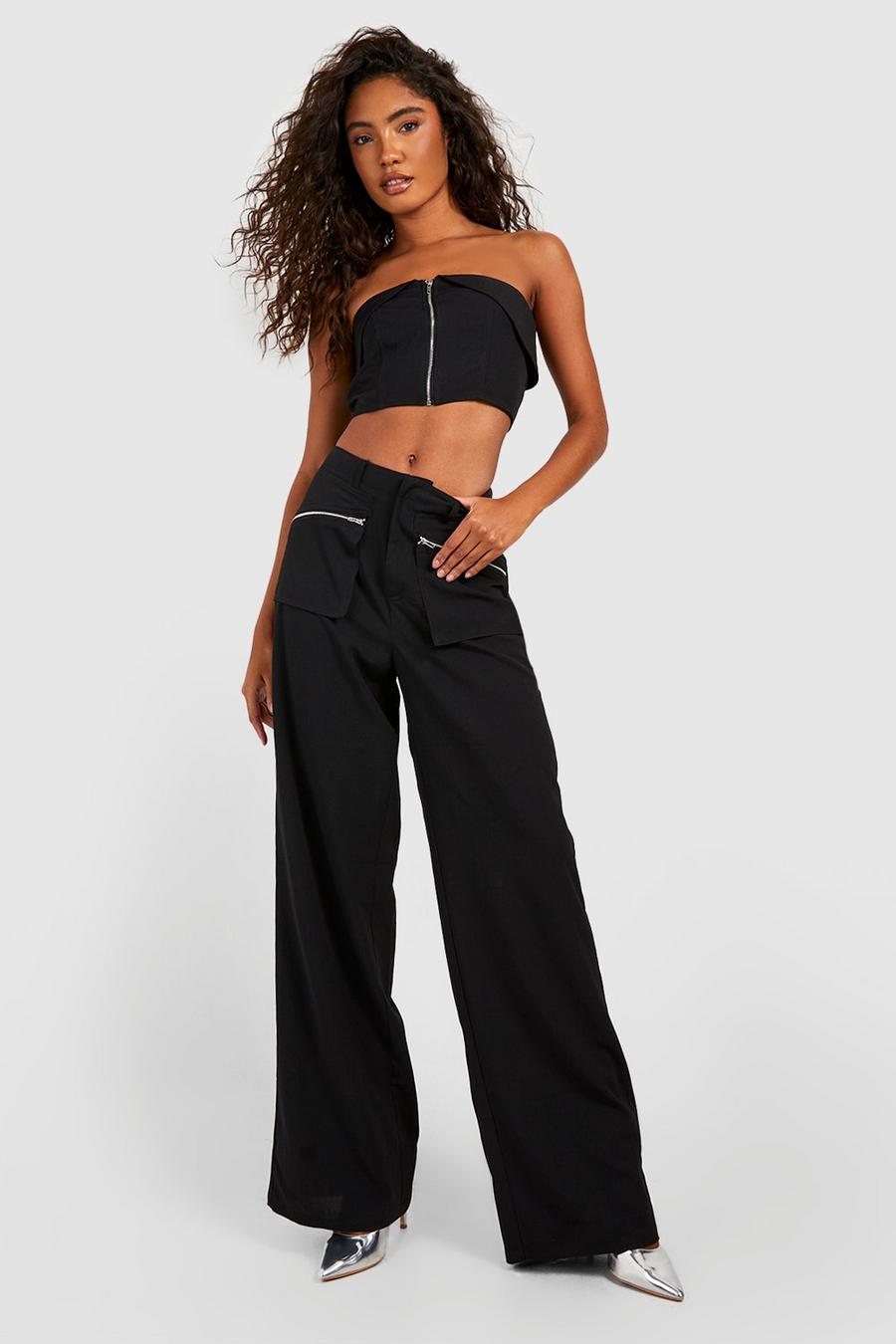 Black Tall Zip Pocket Detail Wide Leg Trousers image number 1