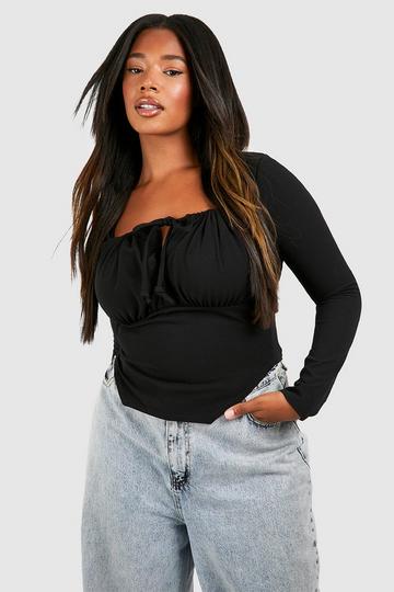 Plus Tie Front Long Sleeve Corset Top black