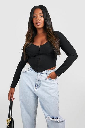 Black Plus Ruched Detail Hook And Eye Corset Top