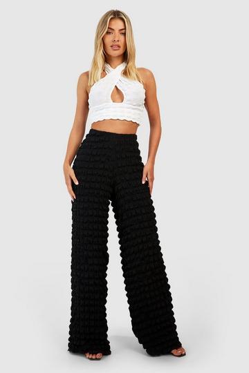 Black Popcorn Textured Wide Leg Pants