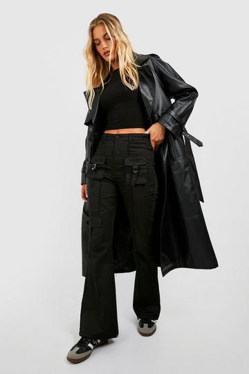 Mid Rise Multi Cargo Pocket Flared Trousers black