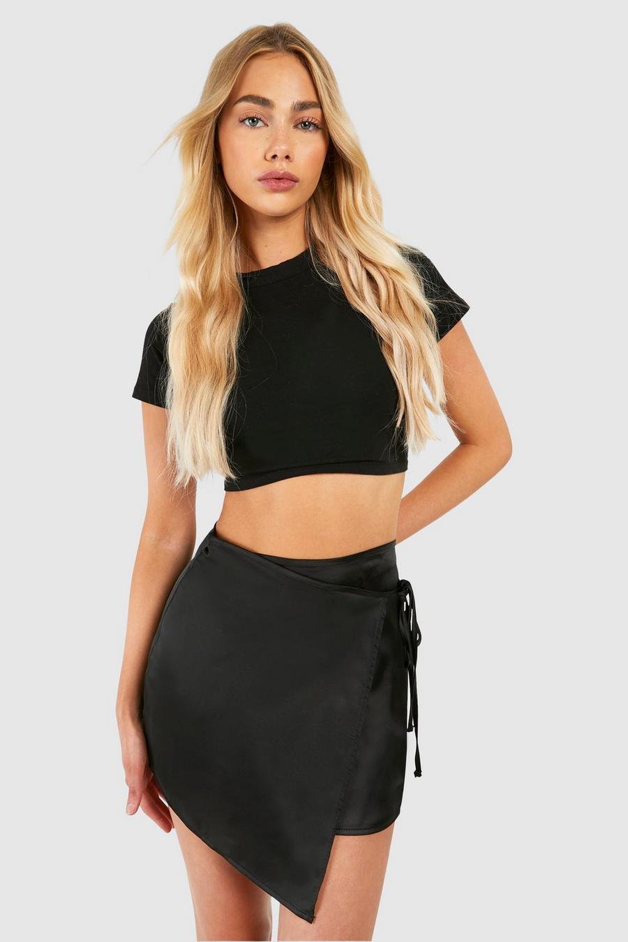 Black Satin Wrap Mini Skirt